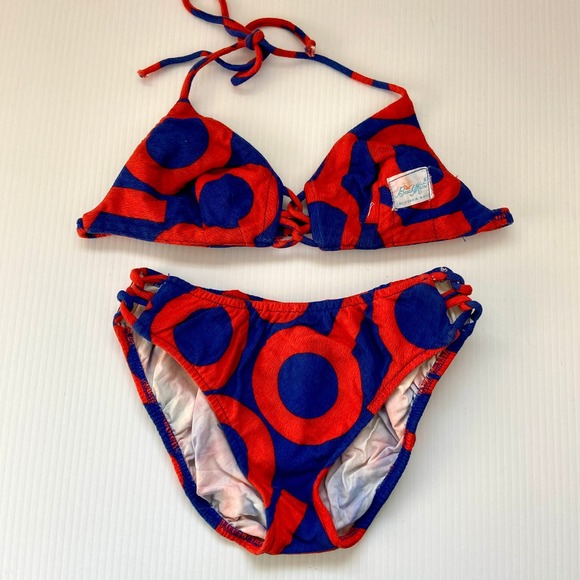Vintage 60s 70s Beach Mates Red Blue Two Piece Bikini Swim Suit Womens Small